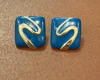 Vintage Blue Enamel Gold Tone Square Clip-On Earrings