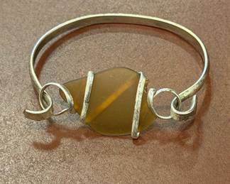 Artisan Amber-Toned Sea Glass Wire-Wrapped Bangle
