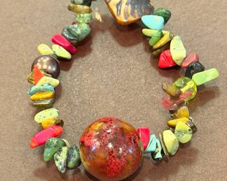 Artisan Multi-Stone Beaded Stretch Bracelet with Ceramic Focal Bead