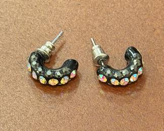 Black Enamel and Aurora Borealis Crystal Huggie Hoop Earrings