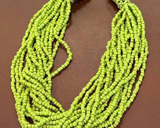 Multi-Strand Lime Green Seed Bead Necklace with Wood Closure