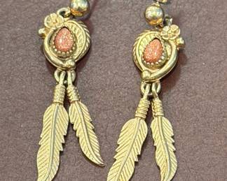 Vintage Gold-Tone Feather Drop Earrings with Goldstone and WMCO Mark