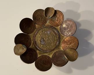 Vintage Mexican Coin Ashtray with Aztec Calendar Center