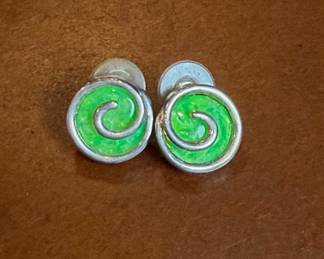 Vintage Spiral Earrings with Green Inlay