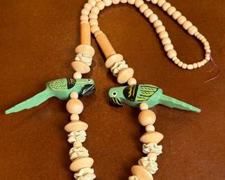 Vintage Hand Carved Wooden Parrot Beaded Necklace