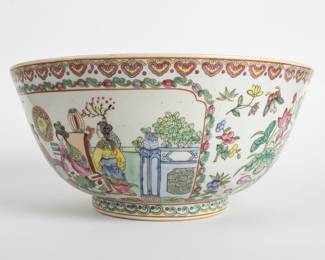 Chinese Rose Medallion Porcelain Punch Bowl with Court Scene