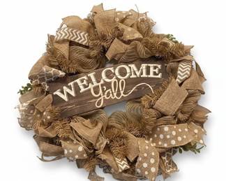 Welcome Y'all Burlap Decorative Wreath with Polka Dot and Chevron Ribbons