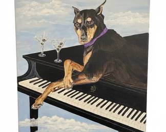 Original Painting – Dog at Piano with Martinis (Signed L. Ritchie)