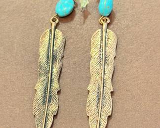 Southwestern-Style Feather Drop Earrings with Turquoise-Colored Beads