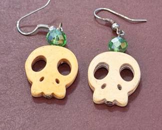 Skull and Green Faceted Bead Dangle Earrings