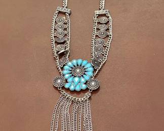 Bohemian Silver-Tone Statement Necklace with Faux Turquoise and Tassel Fringe