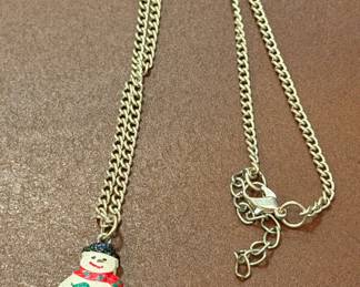 Vintage Enamel Snowman Holiday Necklace with Candy Cane