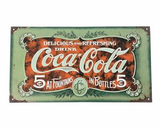 Vintage 1999 Coca-Cola Metal Sign ("5¢ Fountains & Bottles")