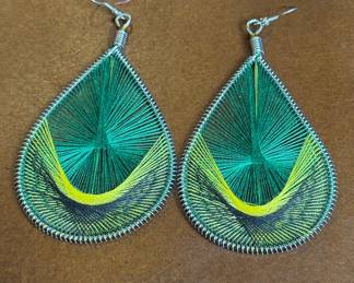 Teardrop String Art Earrings - Green and Yellow
