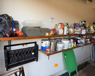 tool box, stadium seat, paint, chemicals, drill, small table