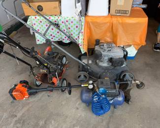 weed eater, air compressor, push lawnmower, trimmer