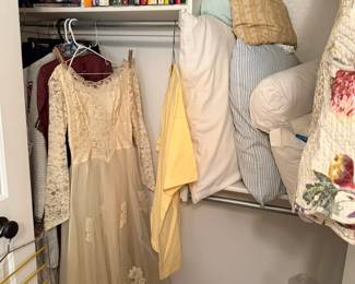 wedding dress, books, pillows