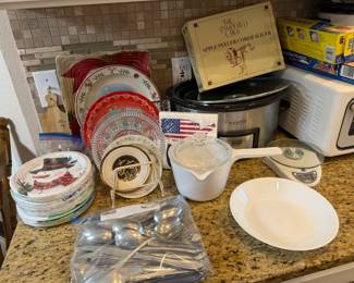Corning Ware, Crock Pot, flatware, paper goods, plates