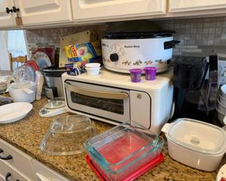 Toaster Over,  electric roaster, crock pot, Pyrex rectangle dishes