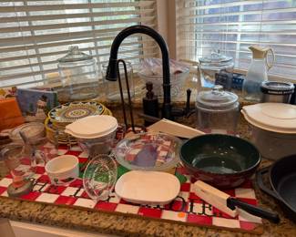 glass canisters, mixing measuring glass bowls, Corning Ware, dishes