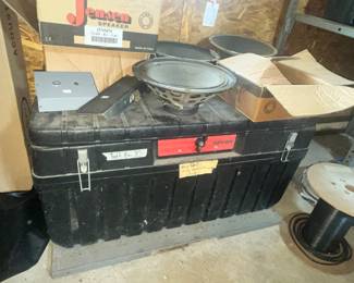 TUFF-BIN STORAGE BOX & LOTS OF SPEAKERS