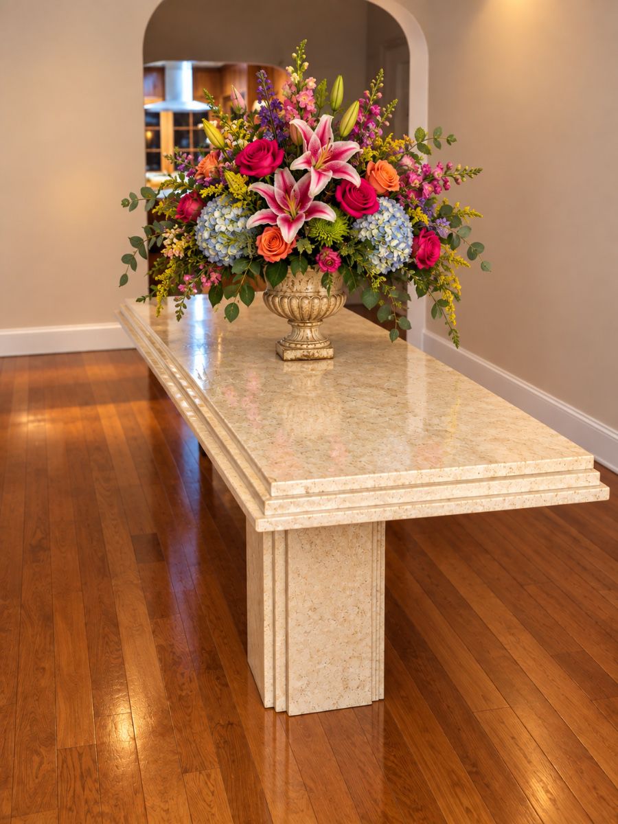 Lush Floral Centerpiece in Warm Marble Entryway