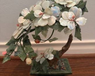 Chinese Jade and Mother of Pearl Glass Bonsai Tree