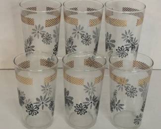 Mid-Century Modern Gold & Floral Highball Tumblers (6 pieces)