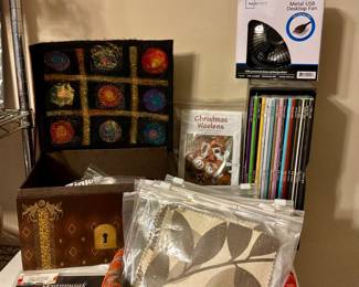 We have fabric swatches, Fabric, stencils, instruction books, inspiration books