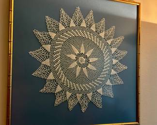 Vintage frame crocheted doily wall art piece