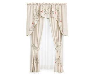 Embroidered floral scalloped curtain set with valance and tiebacks
Price: $220.00
Condition: Good
Two window sets , Cream/light ivory window treatment with scalloped embroidered valance, floral vine embroidery in pink and green, coordinated side drapes, and attached-looking tiebacks. Likely used for a kitchen, bedroom, or sitting room window.