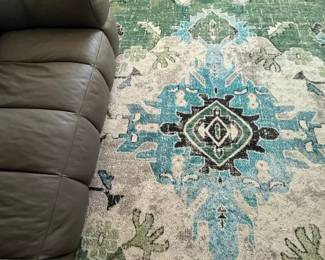 Large New Green Blue Area Rug
Price: $275.00
Condition: Good
One large rectangular area rug with a distressed abstract medallion/geometric motif in teal, aqua, blue, green, cream, and black.