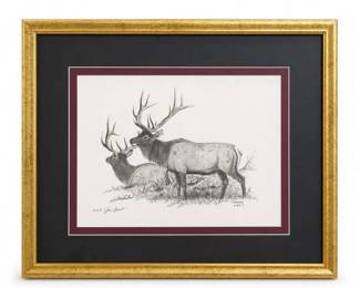 $75.00 Framed wildlife elk drawing or print Condition: GoodFramed black-and-white wildlife artwork showing two large-antlered elk/deer, matted in burgundy and black under a gold frame. The visible style suggests a signed or limited-edition print, but the exact artist and medium cannot be confirmed from the image provided.