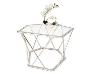 geometric glass-top accent side table
Price: $55.00
Condition: Good
Rectangular clear glass-top accent/end table with a polished silver/chrome-toned geometric X-frame base and faceted, open lower structure. White flowers shown on top are decorative and not part of the item.