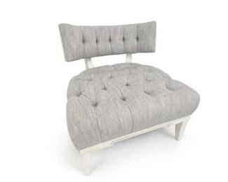 Gray Tufted Upholstered Slipper Accent Chair
Price: $95.00
Condition: Good
Gray textured-fabric slipper/accent chair with a deeply tufted seat cushion, button-tufted backrest, and pale/white legs and supports. Modern decorative seating piece, likely used in bedroom, dressing area, or living room.