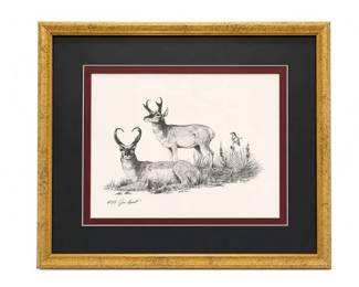 $75.00 Framed wildlife deer print, signed and numbered #59Condition: GoodBlack-and-white wildlife print depicting two deer in a grassy scene, matted in burgundy and black and framed in a gold-tone wood frame. Signed lower left and numbered #59; exact artist attribution remains unverified from the provided image.
