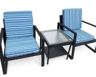3-Piece Outdoor Wicker Patio Chair and Glass-Top Side Table Set with Blue Striped Cushions
Price: $175.00
Condition: Good
One outdoor patio set consisting of two black woven/rattan-look armchairs with blue striped cushions and a matching square glass-top side table with a lower shelf. Another matching set is available. 175 per set