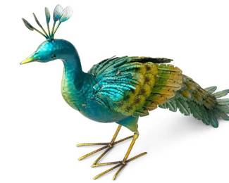 Turquoise and Green Metal Peacock Sculpture
Price: $18.00
Condition: Good
Decorative peacock sculpture in painted/finished metal with a teal-blue body, green-gold layered tail feathers, and wire-like crest and feet. Likely intended as shelf, mantel, or table decor. No visible damage is apparent from the provided image, but underside, joints, and finish wear are unverified.