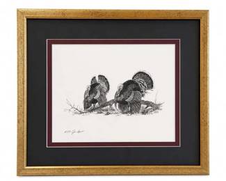 $75.00 Framed limited edition wild turkey print Condition: GoodFramed monochrome print/etching showing two wild turkeys in a natural setting. The piece appears matted and professionally framed. Secondary objects are only the frame, matting, and glass; no separate salable items are visible.