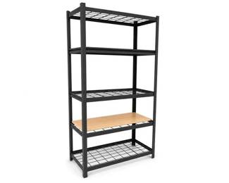 Black Metal 5-Shelf Wire Storage Shelving Unit with Wood Shelf Insert
Price: $50.00
Condition: Good
Tall black metal wire shelving rack with five tiers and one light wood-toned shelf insert on an otherwise wire-grid frame. Industrial garage/pantry style, open sides, rectangular footprint.