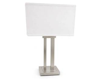 Set of Two Modern Lamps
Price: $80.00
Condition: Good
Set of Two. Single contemporary table lamp with a brushed nickel/silver-tone metal base, twin vertical supports, rectangular plinth base, and a white rectangular fabric shade.
