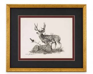 $75.00 Framed deer wildlife print Condition: GoodBlack-and-white deer scene with two bucks and a small bird, presented as a framed decorative print with gold frame, black mat, and burgundy accent mat. Appears to be a signed/numbered limited-edition wildlife print, but the artist and publisher are not legible in the photo.