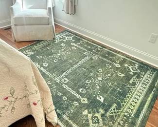 Green Area Rug
Price: $125.00
Condition: Good
One rectangular green area rug with a distressed look, cream geometric borders, and a central lattice/medallion-inspired motif.