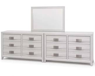 White Modern 6-Drawer Dresser with Mirror Set
Price: $675.00
Condition: Good
Large white modern dresser with six drawers total across two connected cabinet sections, each drawer having a rectangular pull, plus a matching rectangular mirror mounted above.