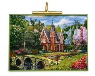Framed Diamond Art Pastoral Garden Scene Wall
Price: $125.00
Condition: Good
Single framed artwork showing a detailed garden landscape with a house, bridge, flowers, and trees. Green frame with brass hanging hardware.
