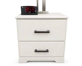  White two-drawer nightstand with metal pullsPrice: $ 65 Condition: GoodSet of two white/off-white bedside nightstand with two full-width drawers, dark metal bar pulls, rounded top edges, and a recessed toe-kick base. Appears to be engineered-wood or painted wood construction.
