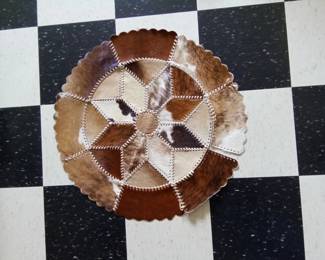 Vintage Cowhide Leather Round 27" Star Patchwork Table Accent