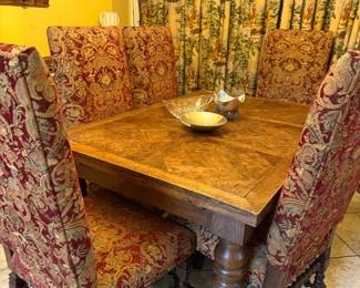 Antique Oak Dining Table with Upholstered Barley Twist Chairs