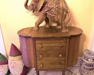 Antique Sewing Cabinet, Carved Elephant, Carved Santa’s