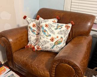 Brown Leather Armchair, Pillows